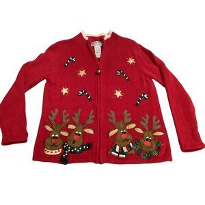 Vintage Tiara International Christmas Sweater Reindeer Candy Canes Red Small